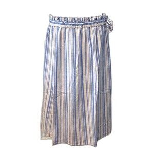 TOMMY BAHAMA Women's L Linen Midi Skirt Blue White Striped Bow Summer NWT $115